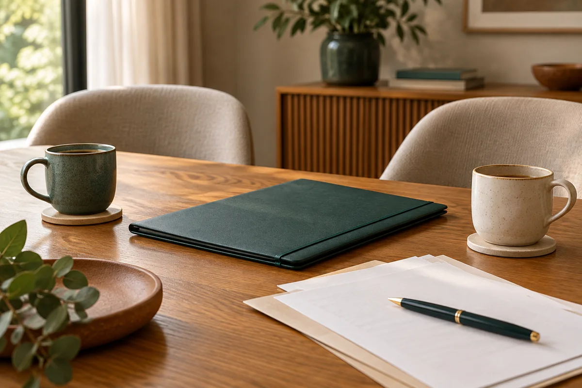 Cena ilustrativa de mesa com duas xícaras, pasta e papéis para uma conversa